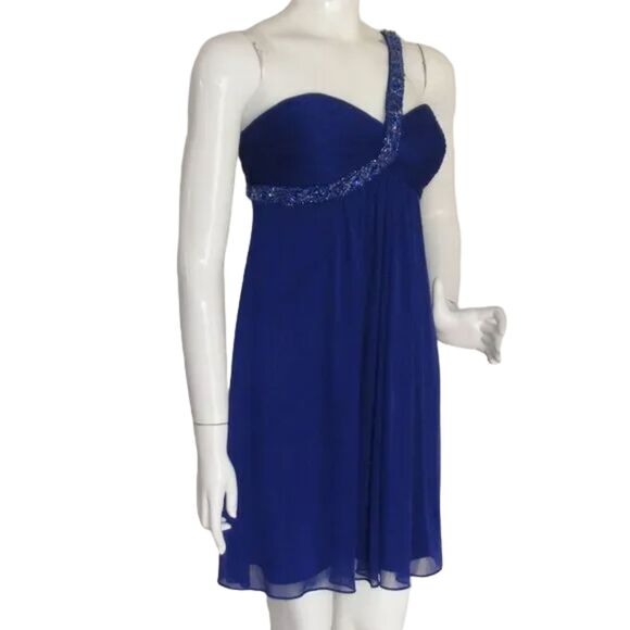 CACHE Evening Dress, XS/S, Blue, Mini, 1 strap, Beaded/Loose, Chiffon - Picture 3 of 11